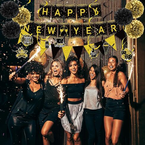 زينة حفلات رأس السنة السعيدة، لافتة رأس السنة الجديدة السعيدة، ورق ذهبي أسود بوم بوم من رقائق الذهب، لافتة على شكل مثلث، لوازم حفلات رأس السنة الجديدة السعيدة in Kuwait