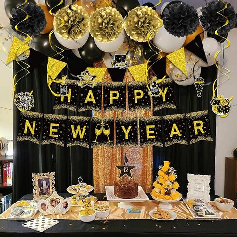 زينة حفلات رأس السنة السعيدة، لافتة رأس السنة الجديدة السعيدة، ورق ذهبي أسود بوم بوم من رقائق الذهب، لافتة على شكل مثلث، لوازم حفلات رأس السنة الجديدة السعيدة in Kuwait