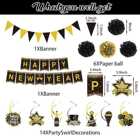 زينة حفلات رأس السنة السعيدة، لافتة رأس السنة الجديدة السعيدة، ورق ذهبي أسود بوم بوم من رقائق الذهب، لافتة على شكل مثلث، لوازم حفلات رأس السنة الجديدة السعيدة in Kuwait