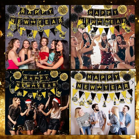 زينة حفلات رأس السنة السعيدة، لافتة رأس السنة الجديدة السعيدة، ورق ذهبي أسود بوم بوم من رقائق الذهب، لافتة على شكل مثلث، لوازم حفلات رأس السنة الجديدة السعيدة in Kuwait