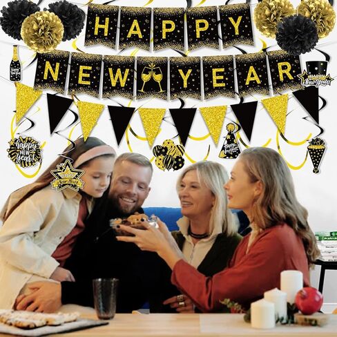 زينة حفلات رأس السنة السعيدة، لافتة رأس السنة الجديدة السعيدة، ورق ذهبي أسود بوم بوم من رقائق الذهب، لافتة على شكل مثلث، لوازم حفلات رأس السنة الجديدة السعيدة in Kuwait