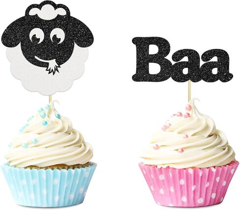 24 قطعة من أغطية الكب كيك على شكل خروف أسود لامع لحفلات استقبال المولود، ديكور كعكة عيد ميلاد سعيد، تصميم حيوانات، مستلزمات تزيين حفلات عيد ميلاد الأطفال in Kuwait