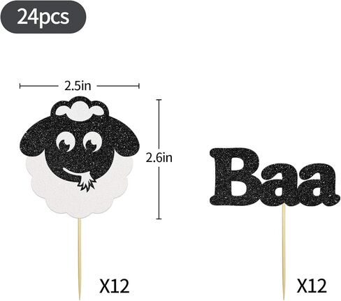 24 قطعة من أغطية الكب كيك على شكل خروف أسود لامع لحفلات استقبال المولود، ديكور كعكة عيد ميلاد سعيد، تصميم حيوانات، مستلزمات تزيين حفلات عيد ميلاد الأطفال in Kuwait