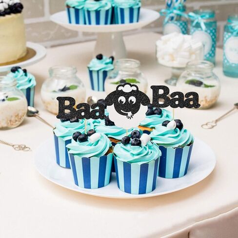 24 قطعة من أغطية الكب كيك على شكل خروف أسود لامع لحفلات استقبال المولود، ديكور كعكة عيد ميلاد سعيد، تصميم حيوانات، مستلزمات تزيين حفلات عيد ميلاد الأطفال in Kuwait