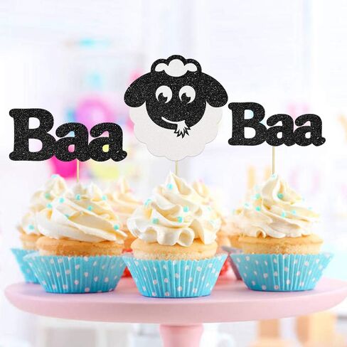 24 قطعة من أغطية الكب كيك على شكل خروف أسود لامع لحفلات استقبال المولود، ديكور كعكة عيد ميلاد سعيد، تصميم حيوانات، مستلزمات تزيين حفلات عيد ميلاد الأطفال in Kuwait