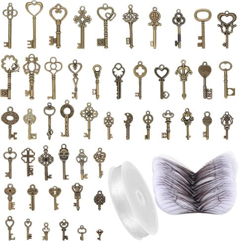 مجموعة دلايات مفاتيح بتصميم هيكل عظمي عتيق مكونة من 101 قطعة (50 × مفاتيح زينة و50 × اجنحة يعسوب، 1 × سلك مطرز بطول 30 متر) للحرف اليدوية والسلاسل والمجوهرات in Kuwait