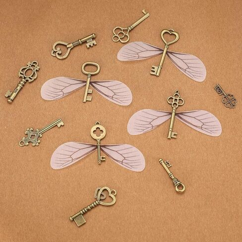 مجموعة دلايات مفاتيح بتصميم هيكل عظمي عتيق مكونة من 101 قطعة (50 × مفاتيح زينة و50 × اجنحة يعسوب، 1 × سلك مطرز بطول 30 متر) للحرف اليدوية والسلاسل والمجوهرات in Kuwait