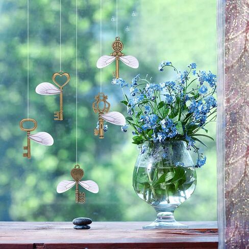 مجموعة دلايات مفاتيح بتصميم هيكل عظمي عتيق مكونة من 101 قطعة (50 × مفاتيح زينة و50 × اجنحة يعسوب، 1 × سلك مطرز بطول 30 متر) للحرف اليدوية والسلاسل والمجوهرات in Kuwait