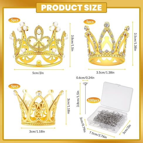 AOBOPLE 15 قطعة من أعلى الكعكة على شكل تاج ذهبي مع 100 قطعة من دبابيس باقة الزفاف، تزيين كعكة عيد ميلاد الطفل لأعياد الميلاد وحفلات الزفاف والحفلات وديكور حمام الطفل (3 أنماط) in Kuwait