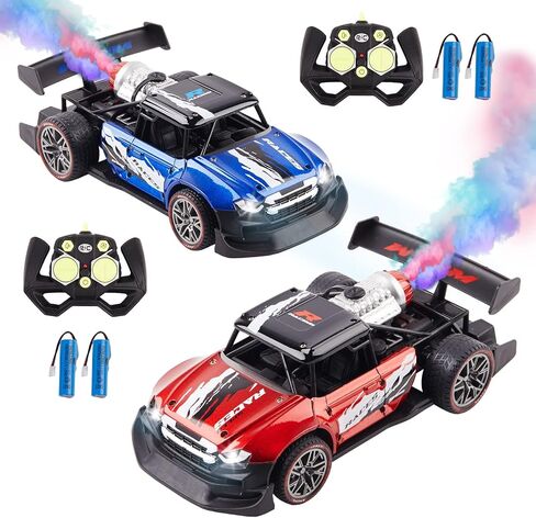 2 Pack Remote Control Drift Car with Spray and Light, Fog Mist High Speed Racing Cars, 2.4GHZ 4WD Off Road Toy Vehicle for Adults Kids Boys Girls, Blue and Orange in Kuwait