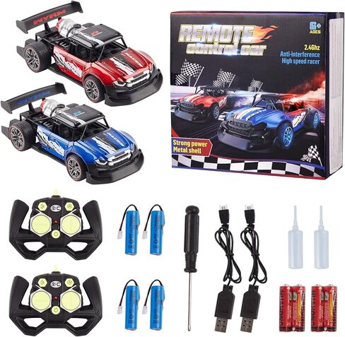2 Pack Remote Control Drift Car with Spray and Light, Fog Mist High Speed Racing Cars, 2.4GHZ 4WD Off Road Toy Vehicle for Adults Kids Boys Girls, Blue and Orange in Kuwait