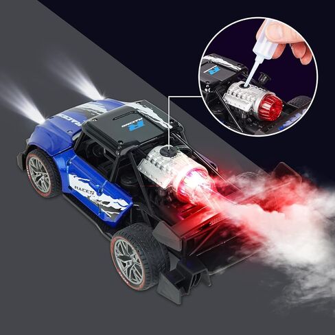 2 Pack Remote Control Drift Car with Spray and Light, Fog Mist High Speed Racing Cars, 2.4GHZ 4WD Off Road Toy Vehicle for Adults Kids Boys Girls, Blue and Orange in Kuwait
