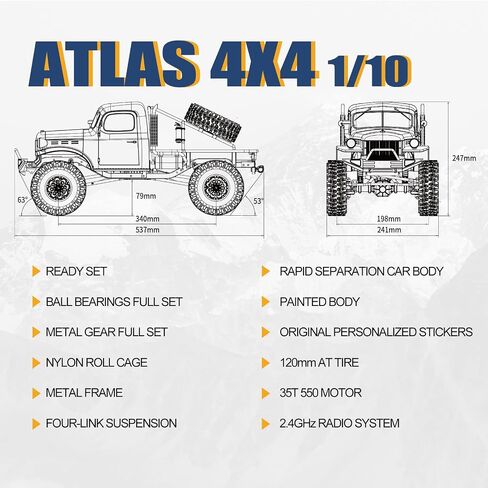 Fms Rochobby 1/10 Atlas Ready Set RC Crawler RC Truck 4X4 مع إضاءة، راديو 2.4 جيجا هرتز، محمل كروي، تروس معدنية كاملة، تعليق 4 وصلات، جسم سيارة منفصل سريع للبالغين والأطفال (أزرق) in Kuwait