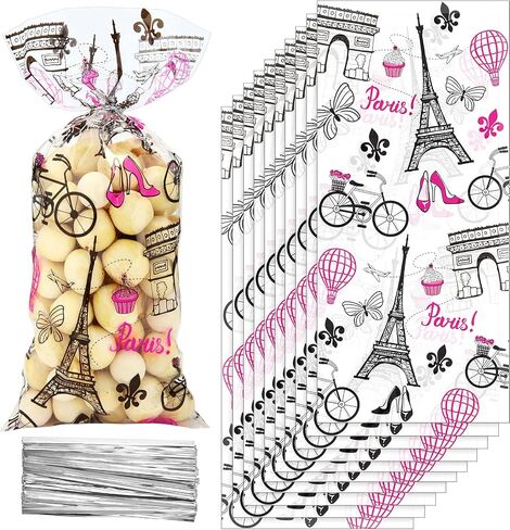 100 Pieces Paris Cellophane Treat Bags, Clear Plastic Pink Eiffel Tower Candy Goodie Bags with 100 Silver Twist Ties for Day in Paris Party Supplies in Saudi Arabia