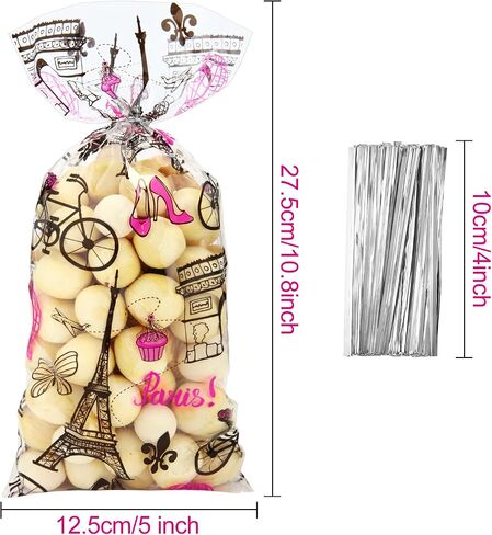 100 Pieces Paris Cellophane Treat Bags, Clear Plastic Pink Eiffel Tower Candy Goodie Bags with 100 Silver Twist Ties for Day in Paris Party Supplies in Saudi Arabia