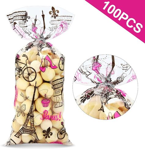 100 Pieces Paris Cellophane Treat Bags, Clear Plastic Pink Eiffel Tower Candy Goodie Bags with 100 Silver Twist Ties for Day in Paris Party Supplies in Saudi Arabia