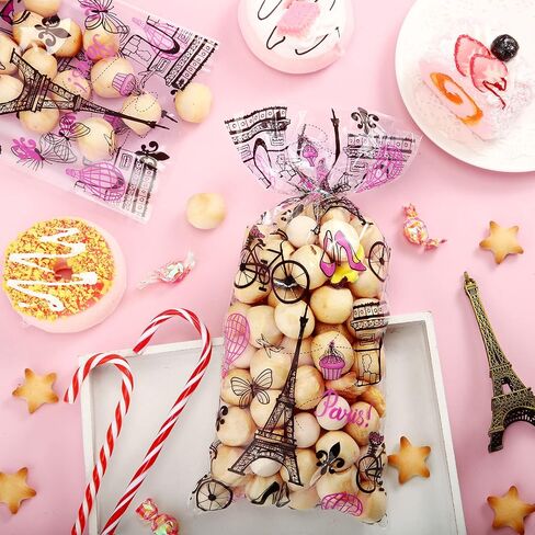 100 Pieces Paris Cellophane Treat Bags, Clear Plastic Pink Eiffel Tower Candy Goodie Bags with 100 Silver Twist Ties for Day in Paris Party Supplies in Saudi Arabia