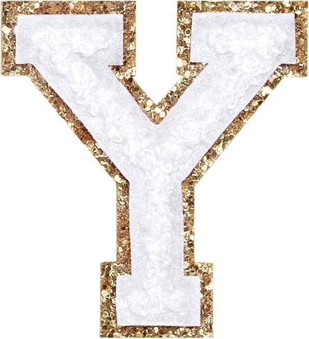 3Pcs Chenille Letter Patches Iron on Patches Glitter Varsity Letter Patches Embroidered Patch Gold Border Sew On Patches for Clothing Hat Shirt Bag (White, M) in Saudi Arabia
