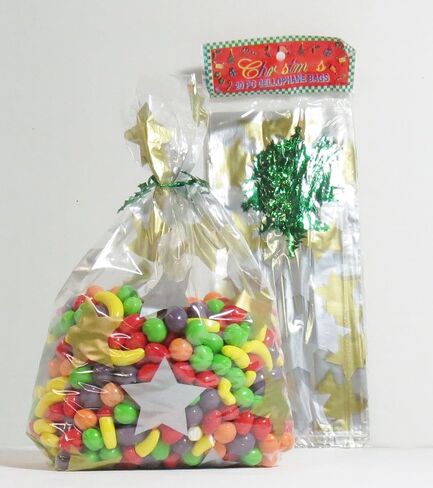 Christmas Treat Bags with Twist Ties - Cellophane Bags (80 Gold Silver Stars Treat Bags) in Saudi Arabia