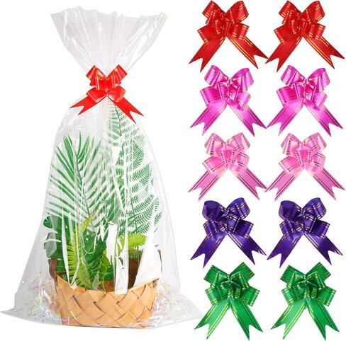Kolewo4ever 20pcs 18 x 32 inches Clear Cellophane Gift Bags Package Bags with 20pcs pull bow for Wrapping Baskets Cello Wrap Basket Bag in Saudi Arabia
