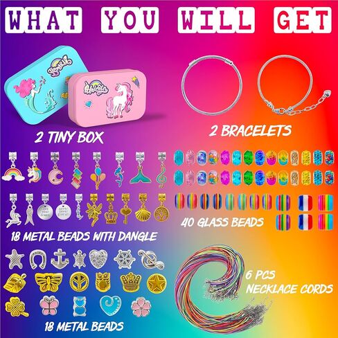 طقم صنع الأساور الساحرة من FTBox للفتيات، خرز لصنع المجوهرات على شكل وحيد القرن/حورية البحر، هدايا عيد الميلاد اليدوية للفتيات بعمر 4-8-12 سنة in Kuwait