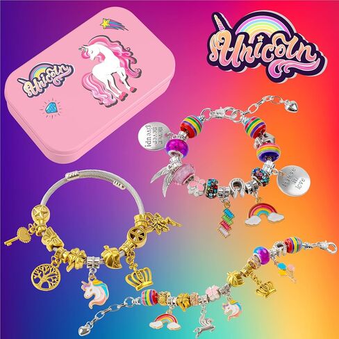 طقم صنع الأساور الساحرة من FTBox للفتيات، خرز لصنع المجوهرات على شكل وحيد القرن/حورية البحر، هدايا عيد الميلاد اليدوية للفتيات بعمر 4-8-12 سنة in Kuwait