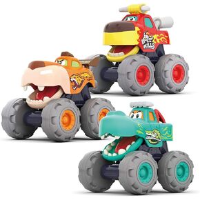 مجموعة هدايا مونستر تراكس – 3 شاحنات مع سحب للخلف، وقوة احتكاك ووظيفة العجلات المجانية – لعبة سيارات للرضع والأطفال الصغار مع موضوع حيوان مرح – لعمر 12 شهرًا فما فوق / سنة واحدة in Kuwait