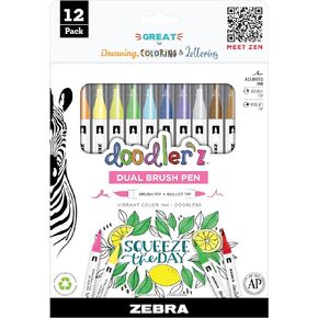 Zebra Pen Doodlerz Brush Pen, Brush and Bullet Tips, Vibrant Color Ink, Assorted Colors, 18 Pack