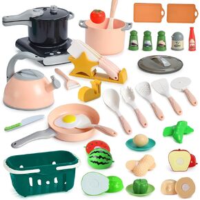 Play Kitchen Accessories 42 Pcs Kids Kitchen Playset, Play Kitchen for Toddlers 4-8, Kids Play Food Set Toy with Pots Pans and Cookware Utensils,Cooking Cutting Learning Gift for Girls Boys