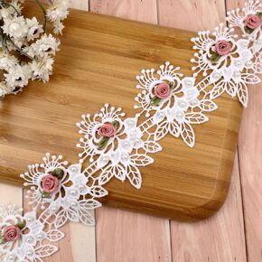 Flower Pearl Beads Lace Trim Ribbon Floral Applique Embroidered Lace Ribbon for Sewing, Wedding Dress, Clothes Decoration