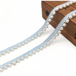 FQTANJU 2 Yards Faux Pearls Lace Ribbon Pearl Fringe Applique, DIY Craft Ribbon Pearl lace Trim for Wedding Party Decoration,Blue