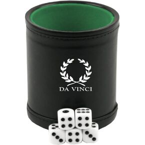DA VINCI Professional Dice Cup with 5 Dice. Black Leatherette Exterior with Velvet Interior