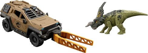 Jurassic World Truck & Einiosaurus Dinosaur Action Figure Toy with Flip Roll Feature, Mission Mayhem Destruction Vehicle in Saudi Arabia
