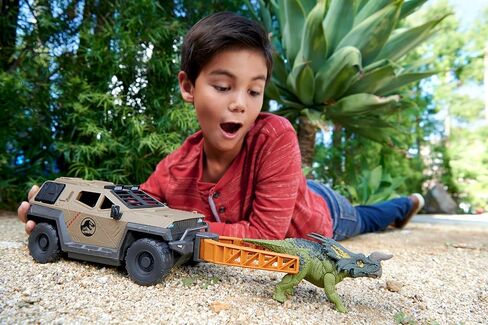 Jurassic World Truck & Einiosaurus Dinosaur Action Figure Toy with Flip Roll Feature, Mission Mayhem Destruction Vehicle in Saudi Arabia