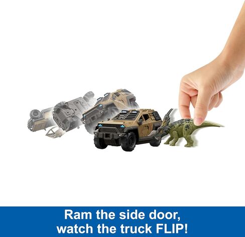 Jurassic World Truck & Einiosaurus Dinosaur Action Figure Toy with Flip Roll Feature, Mission Mayhem Destruction Vehicle in Saudi Arabia