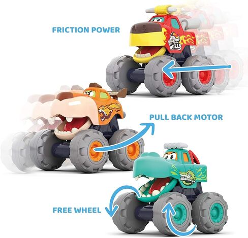 مجموعة هدايا مونستر تراكس – 3 شاحنات مع سحب للخلف، وقوة احتكاك ووظيفة العجلات المجانية – لعبة سيارات للرضع والأطفال الصغار مع موضوع حيوان مرح – لعمر 12 شهرًا فما فوق / سنة واحدة in Kuwait