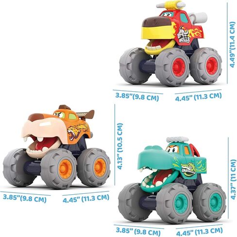 مجموعة هدايا مونستر تراكس – 3 شاحنات مع سحب للخلف، وقوة احتكاك ووظيفة العجلات المجانية – لعبة سيارات للرضع والأطفال الصغار مع موضوع حيوان مرح – لعمر 12 شهرًا فما فوق / سنة واحدة in Kuwait