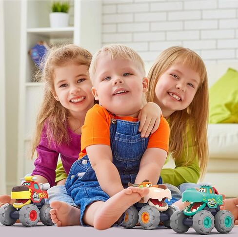 مجموعة هدايا مونستر تراكس – 3 شاحنات مع سحب للخلف، وقوة احتكاك ووظيفة العجلات المجانية – لعبة سيارات للرضع والأطفال الصغار مع موضوع حيوان مرح – لعمر 12 شهرًا فما فوق / سنة واحدة in Kuwait