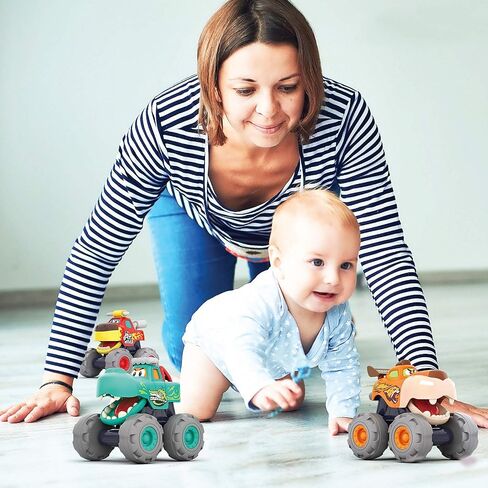 مجموعة هدايا مونستر تراكس – 3 شاحنات مع سحب للخلف، وقوة احتكاك ووظيفة العجلات المجانية – لعبة سيارات للرضع والأطفال الصغار مع موضوع حيوان مرح – لعمر 12 شهرًا فما فوق / سنة واحدة in Kuwait