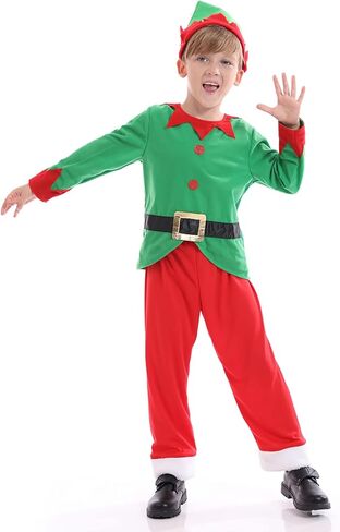 زي Funivals Santa Elf مع عصابة رأس قبعة للجنسين للأطفال لعيد الميلاد، زي سانتا قزم أخضر للأولاد للحفلات التنكرية in Kuwait