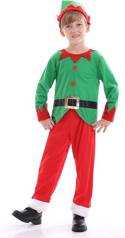 زي Funivals Santa Elf مع عصابة رأس قبعة للجنسين للأطفال لعيد الميلاد، زي سانتا قزم أخضر للأولاد للحفلات التنكرية in Kuwait