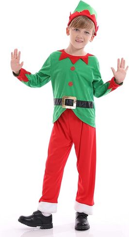 زي Funivals Santa Elf مع عصابة رأس قبعة للجنسين للأطفال لعيد الميلاد، زي سانتا قزم أخضر للأولاد للحفلات التنكرية in Kuwait