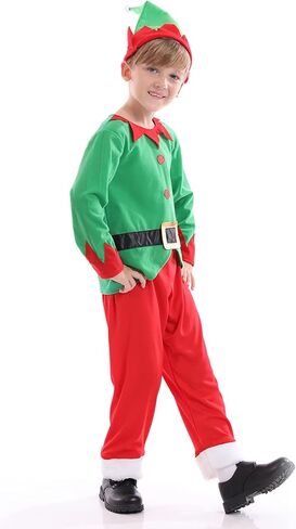 زي Funivals Santa Elf مع عصابة رأس قبعة للجنسين للأطفال لعيد الميلاد، زي سانتا قزم أخضر للأولاد للحفلات التنكرية in Kuwait