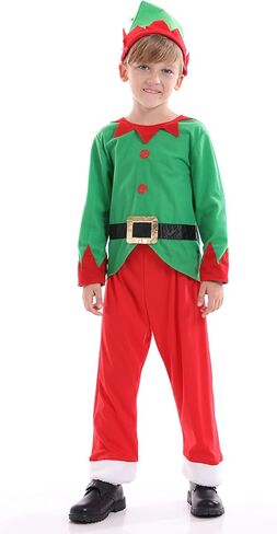 زي Funivals Santa Elf مع عصابة رأس قبعة للجنسين للأطفال لعيد الميلاد، زي سانتا قزم أخضر للأولاد للحفلات التنكرية in Kuwait