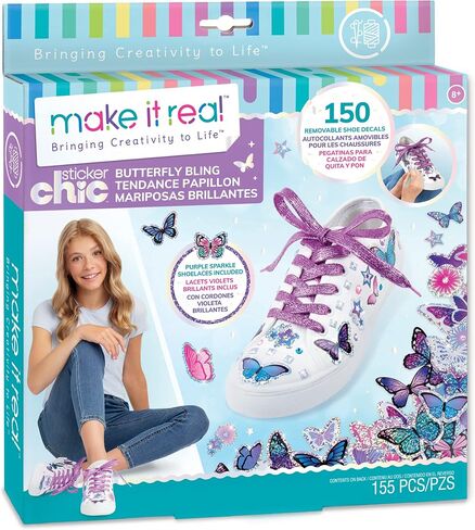 Make It Real: Sticker Chic Butterfly Bling - 150 Decorative Stickers, Removable Shoe Decals, Includes Shoelaces, Temporary Shoe Tattoos, Redecorate & Transform Your Shoes, Girls & Tweens, Ages 8+ in Saudi Arabia
