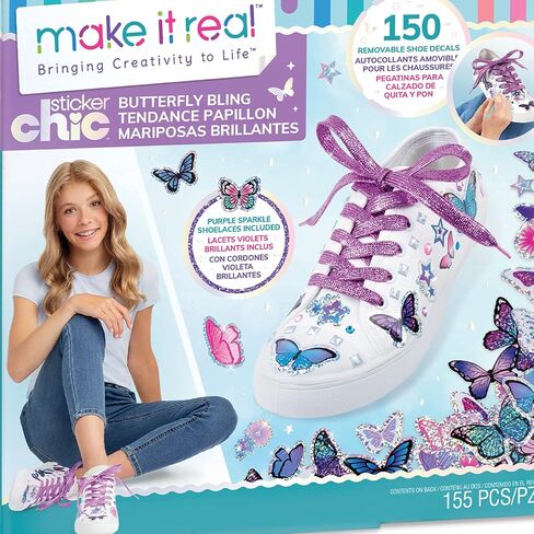Make It Real: Sticker Chic Butterfly Bling - 150 Decorative Stickers, Removable Shoe Decals, Includes Shoelaces, Temporary Shoe Tattoos, Redecorate & Transform Your Shoes, Girls & Tweens, Ages 8+ in Saudi Arabia