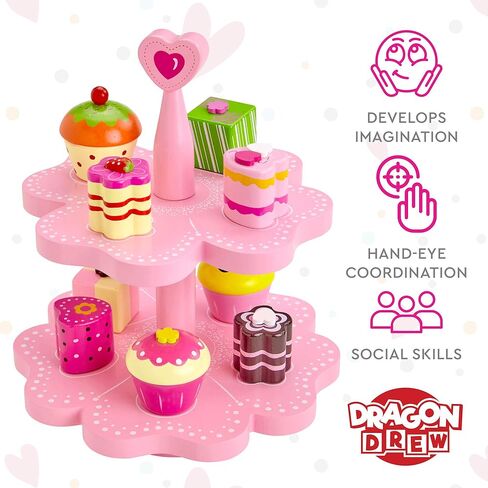 مجموعة شاي دراجون درو للبنات الصغار - لعبة مجموعة الشاي الخشبية التظاهري - مجموعة ألعاب الشاي، حامل مغناطيسي للكعك - in Kuwait