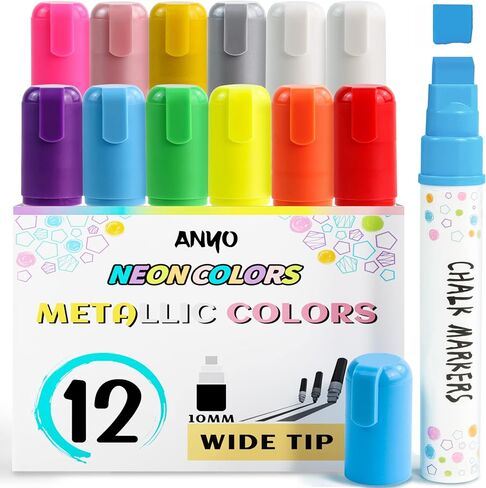 12 Pack Liquid Chalk Markers Erasable Neon Pens,Including 3 Metallic Colors | Wet Wipe Washable Paint for Chalkboard Sign, Blackboards, Car Window, Glass, Bistro, Board, Mirror,6mm Reversible Tip in Kuwait