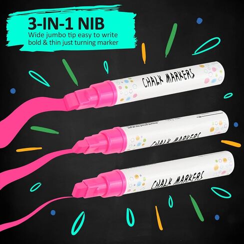 12 Pack Liquid Chalk Markers Erasable Neon Pens,Including 3 Metallic Colors | Wet Wipe Washable Paint for Chalkboard Sign, Blackboards, Car Window, Glass, Bistro, Board, Mirror,6mm Reversible Tip in Kuwait