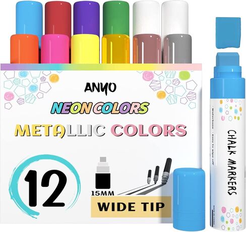 12 Pack Liquid Chalk Markers Erasable Neon Pens,Including 3 Metallic Colors | Wet Wipe Washable Paint for Chalkboard Sign, Blackboards, Car Window, Glass, Bistro, Board, Mirror,6mm Reversible Tip in Kuwait